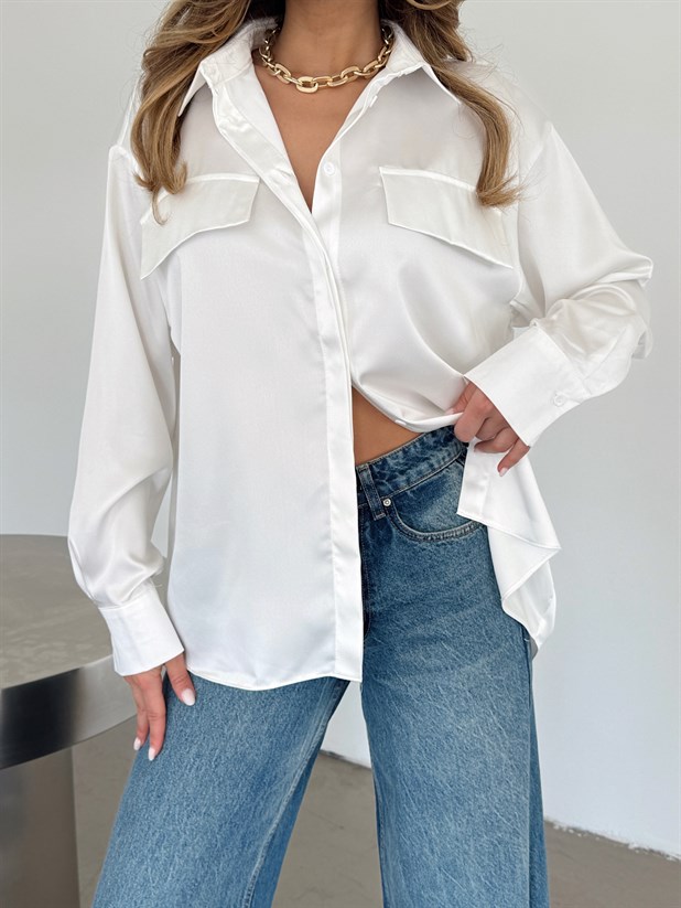 Kapak Cepli Krep Saten Gömlek - Beyaz