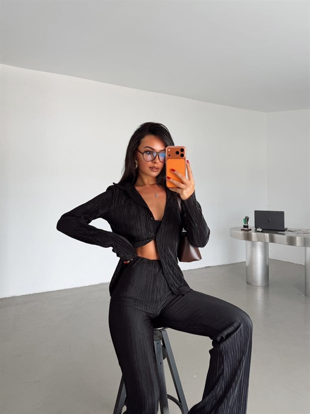 Piliseli Gömlek Pantolon Takım - Siyah