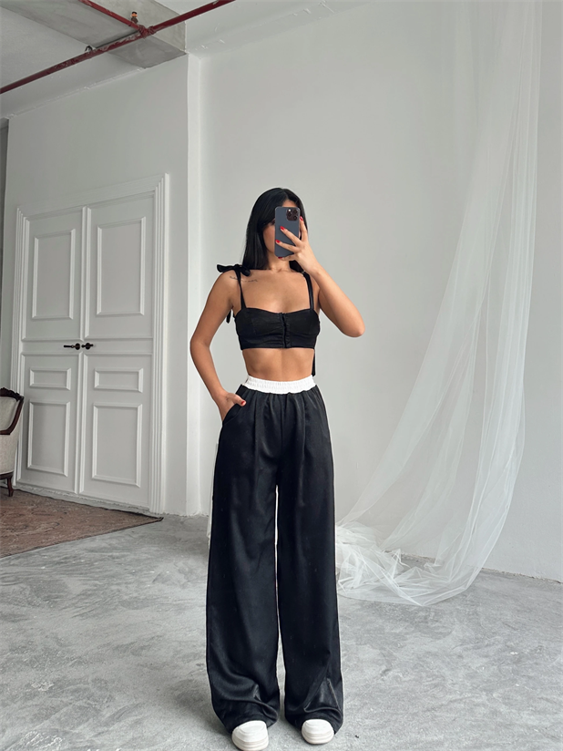 Kemer Detaylı Palazzo Pantolon - Siyah