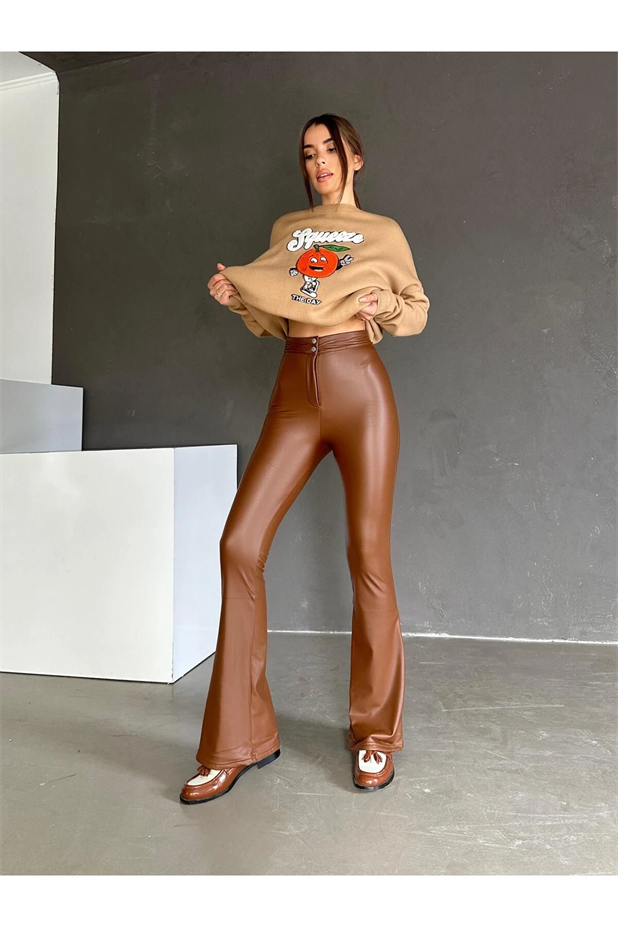 Çift Düğme Deri İspanyol Paça Pantolon Taba - Taba