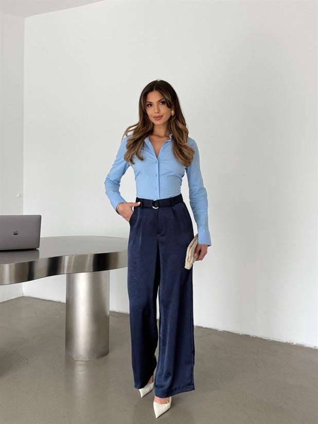 Kemerli Saten Pantolon - Lacivert