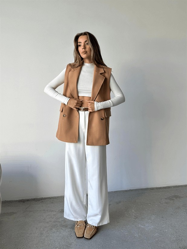 Düğmeli Kaşe Yelek - Camel