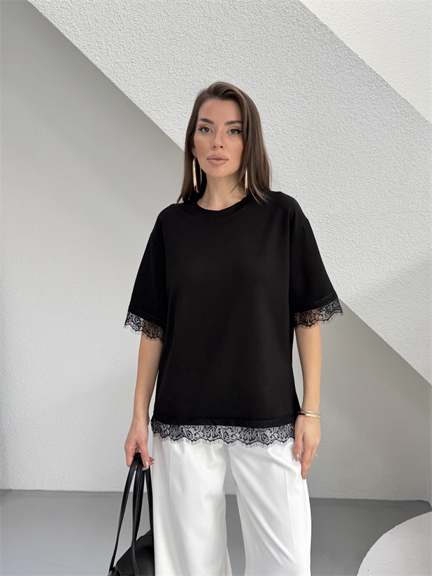 Dantel Detay Basic Tshirt - Siyah
