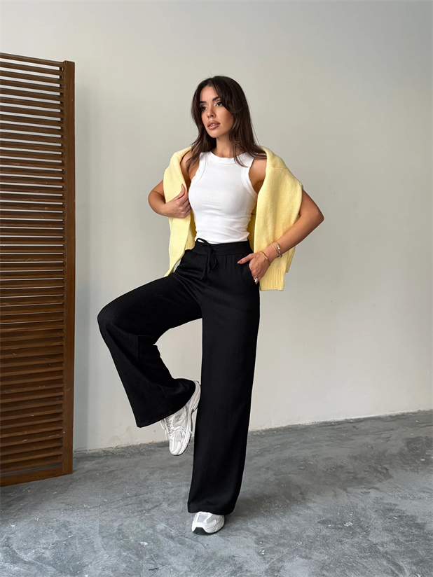 Bel Bağcık Fitilli Pantolon - Siyah