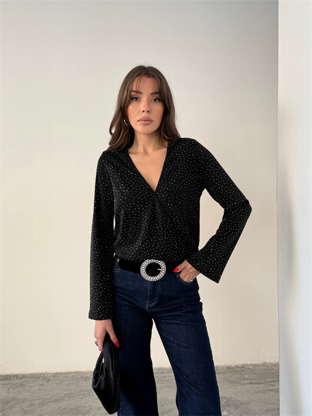 Taşlı Uzun Kol Bodysuit - Siyah