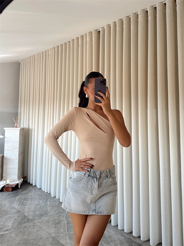 Sabrina Tek Kol Bodysuit Bej - Bej