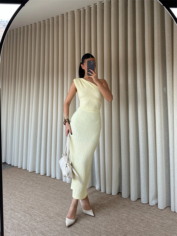 Tek Omuz Gofre Elbise - Sarı