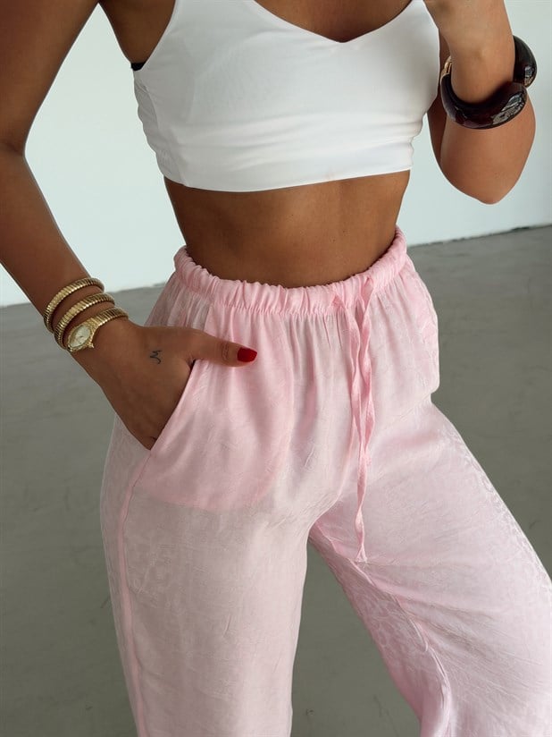 Desenli Parlak Keten Pantolon - Pembe