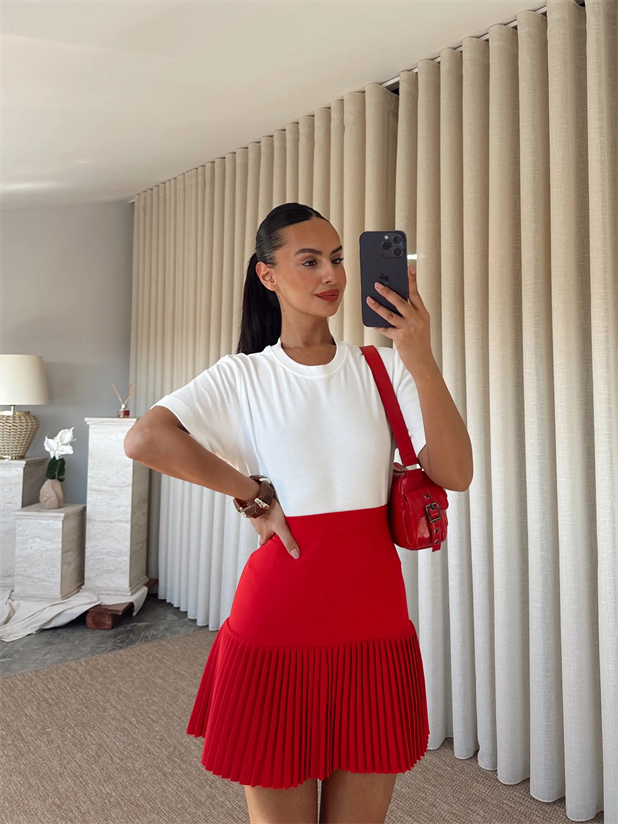 Yarım Piliseli Mini Etek - Kırmızı