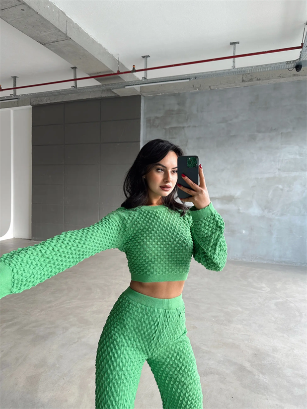 Damla Ajur Triko Pantolon Yeşil - Yeşil