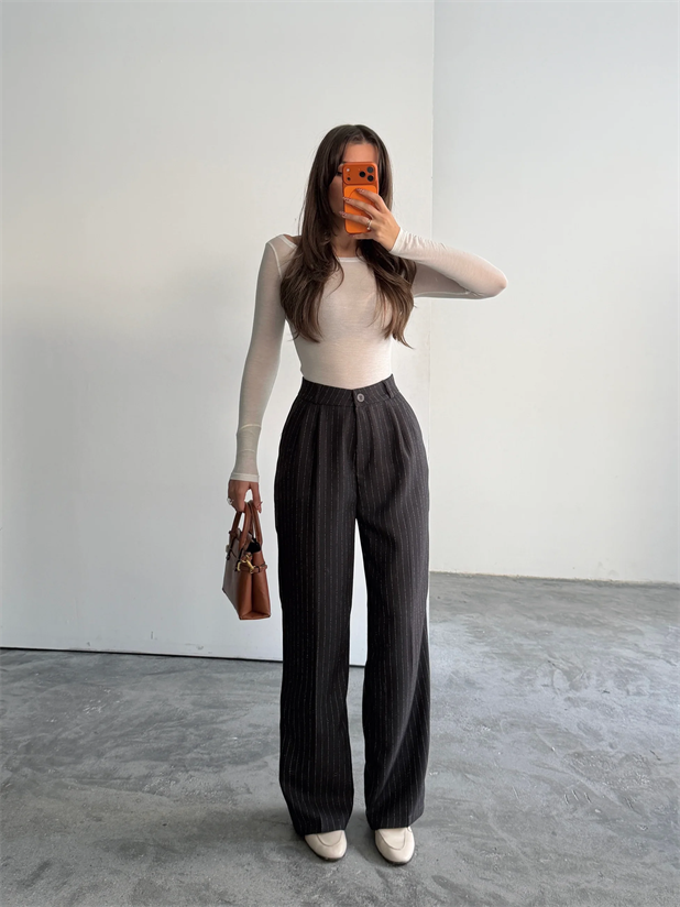 Yünefekt Çizgili Palazzo - Füme