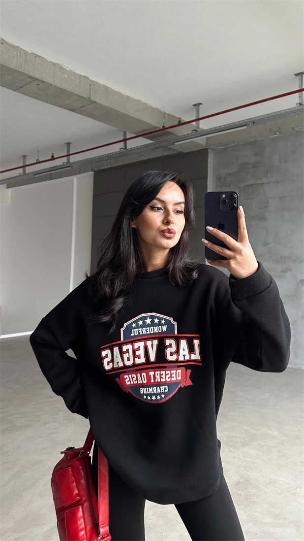 Las Vegas Üç İplik Oversize Sweat Siyah - Siyah