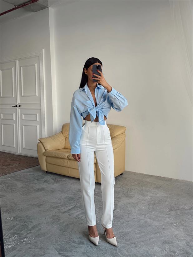 Beli Lastikli Çımalı Pantolon  - Beyaz