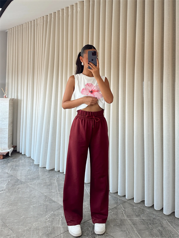 Bel Lastik Detay Palazzo Eşofman - Bordo