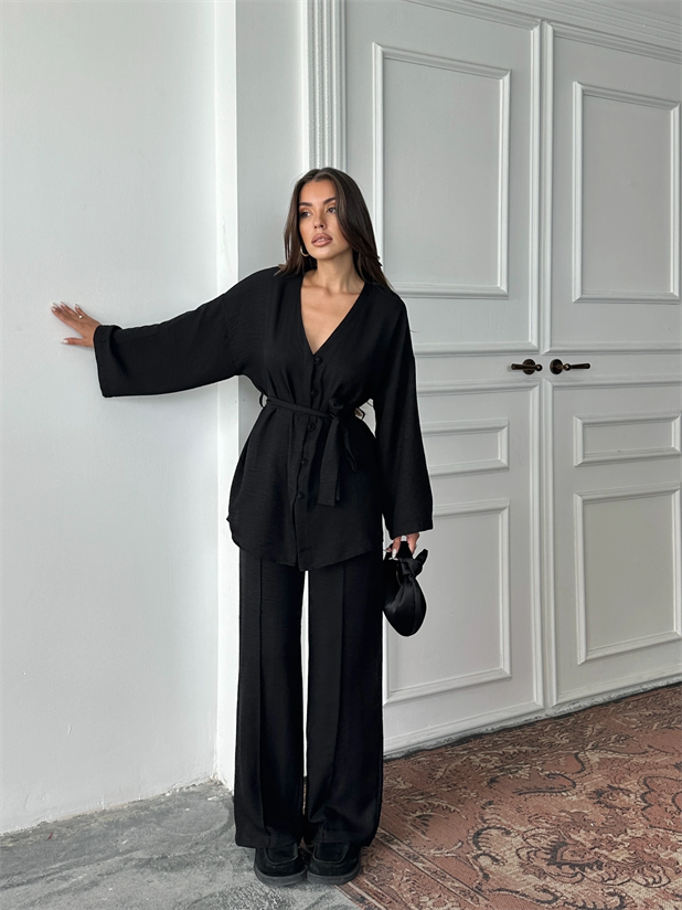Düğme Detay Kuşaklı Kimono Takım - Siyah