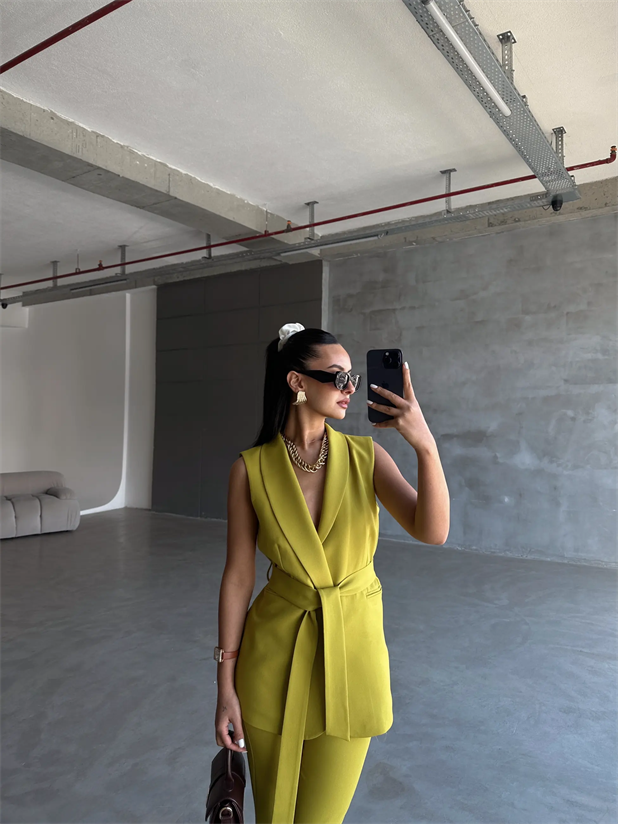 Bağlamalı Blazer Yelek  - Yağ Yeşili