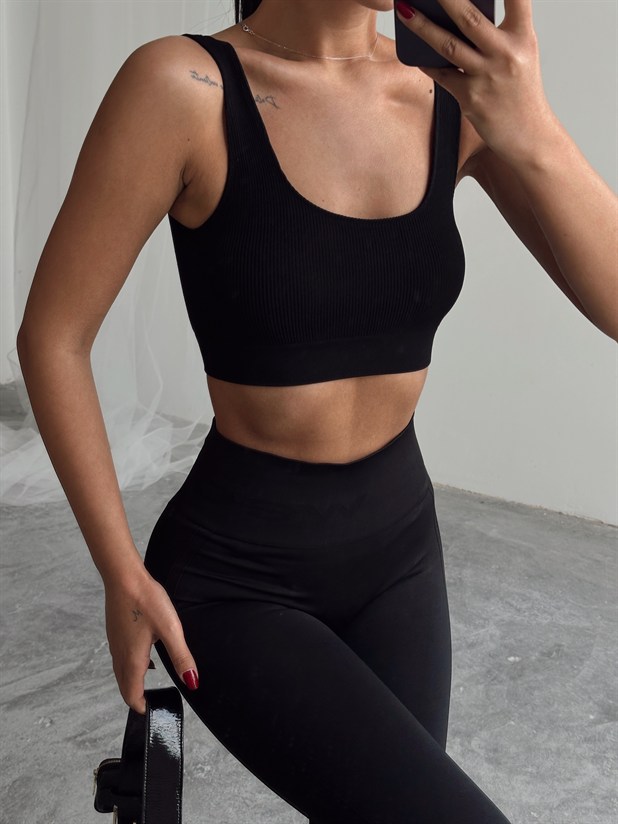 Seamless Fitilli Crop - Siyah