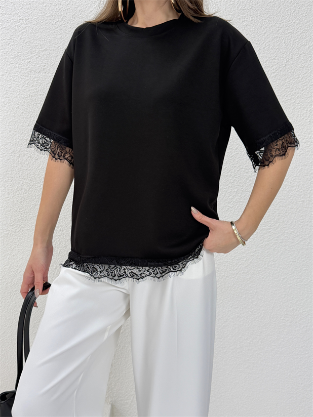 Dantel Detay Basic Tshirt - Siyah