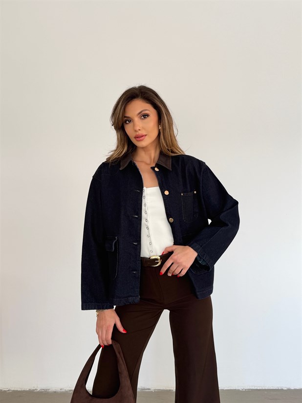 Garnili Denim Ceket - Lacivert