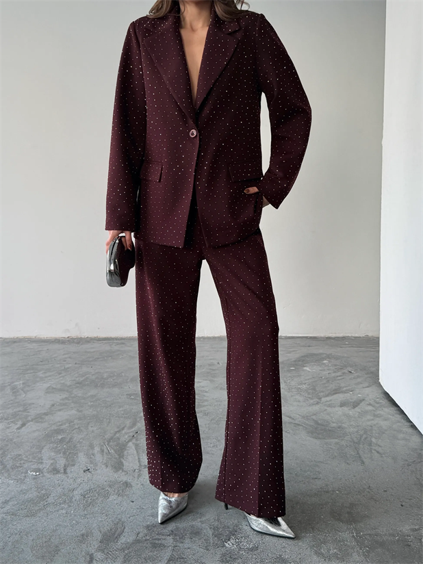 Premium Taş Detaylı Ceket Pantolon Takım  - Mürdüm