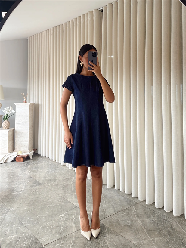 Kloş Likralı Denim Elbise  - Lacivert