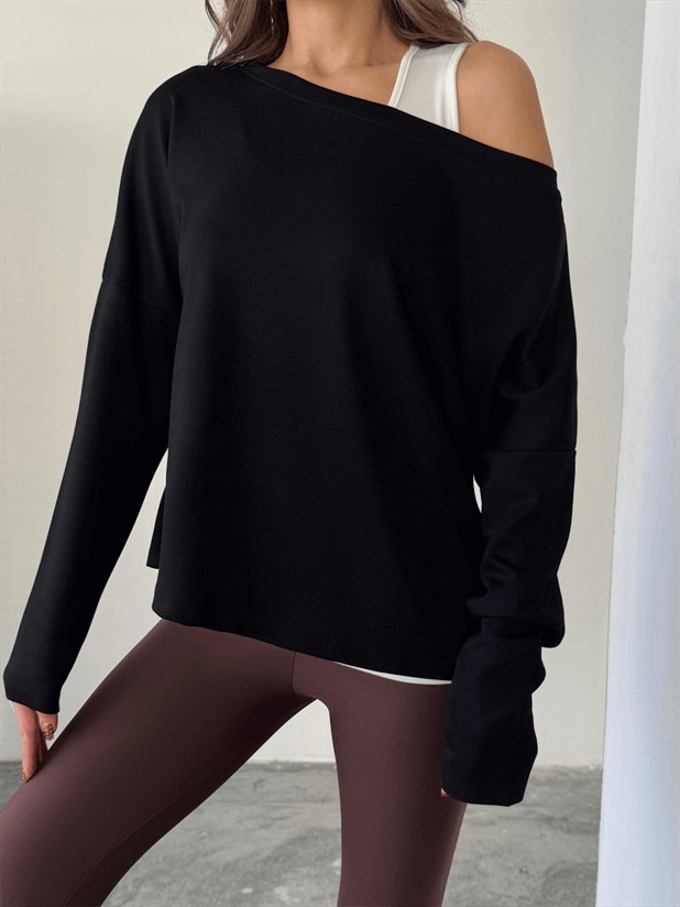 Düşük Omuz Atletli Bluz - Siyah