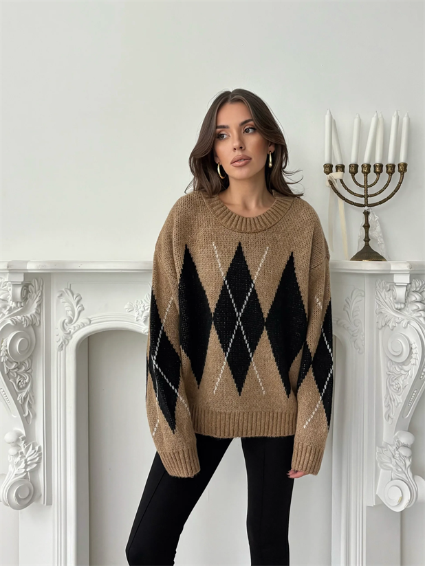 Oversize Baklava Desenli Kazak - Taba