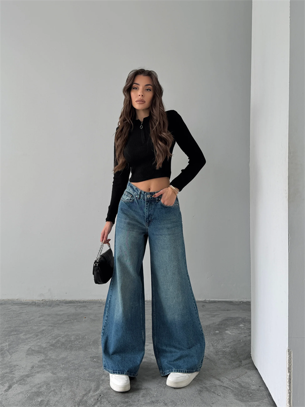 Bol Paça Yıkamalı Jean Pantolon - Mavi