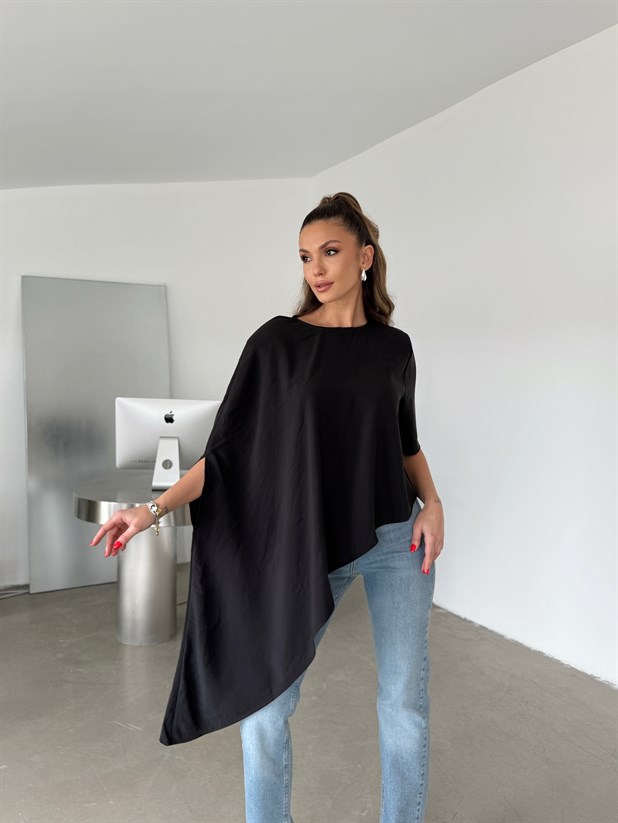 Vatkalı Asimetrik Bluz - Siyah