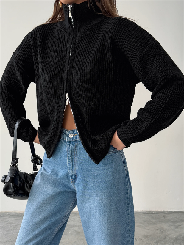 Çift Fermuarlı Triko - Siyah