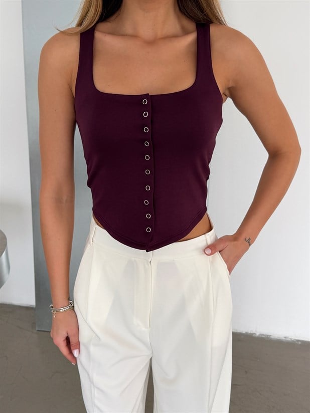 Kare Yaka Çıtçıtlı Bluz - Mürdüm