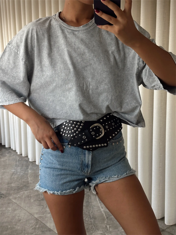 Yıkamalı Düz Crop Basic - Gri