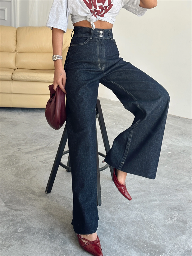Geniş Kemerli Baggy Jean  - Dark Blue