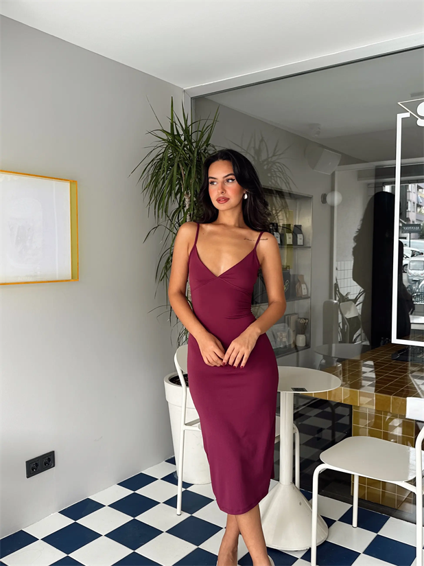 Askılı Dalgıç Kumaş Elbise - Mürdüm