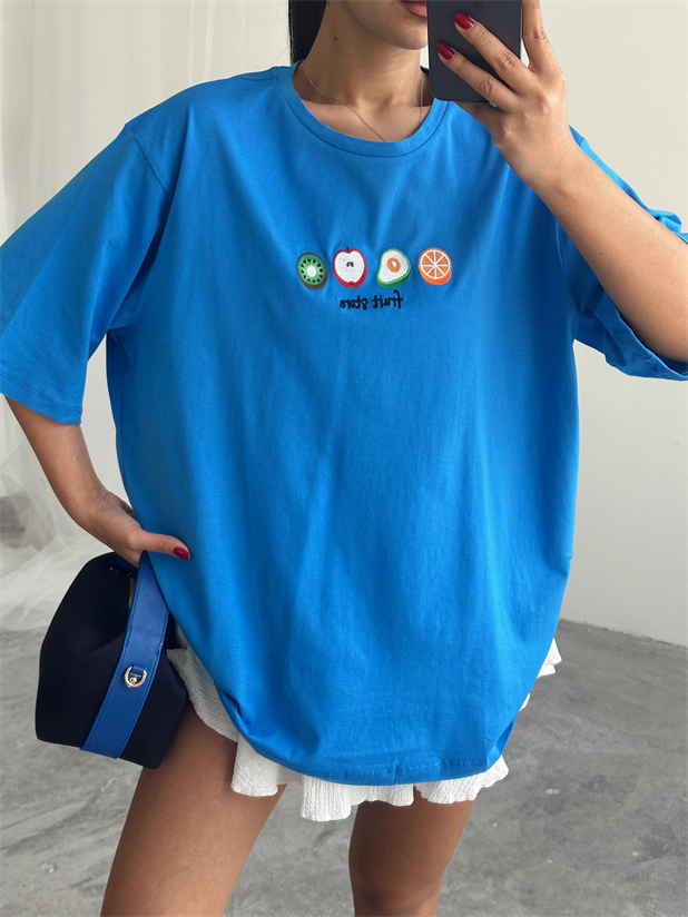Fruit Nakış Basic T-shirt Mavi - Mavi