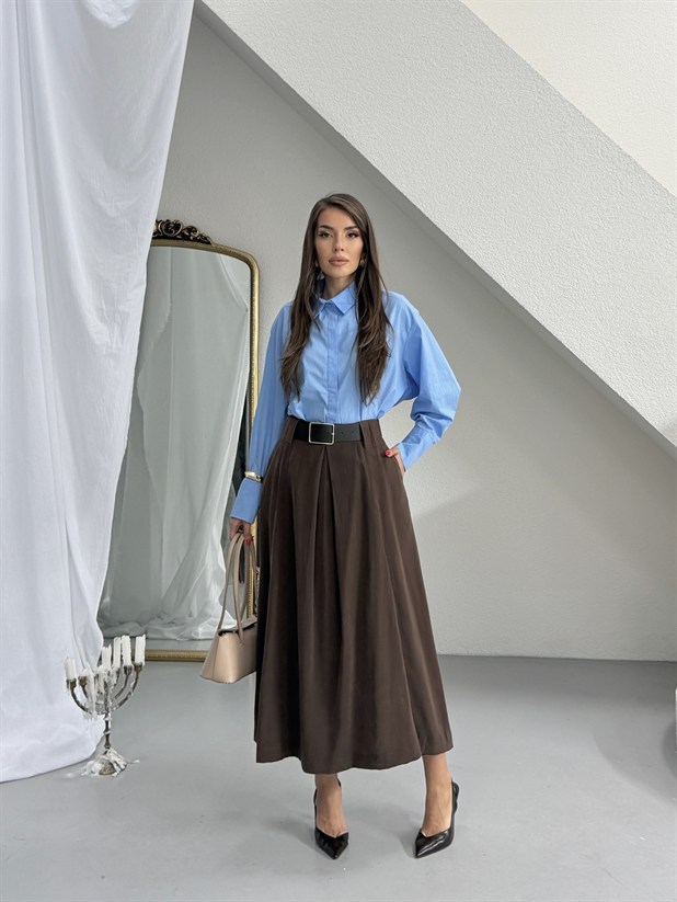 Tensel Kumaş Kemerli Kloş Etek - Kahve