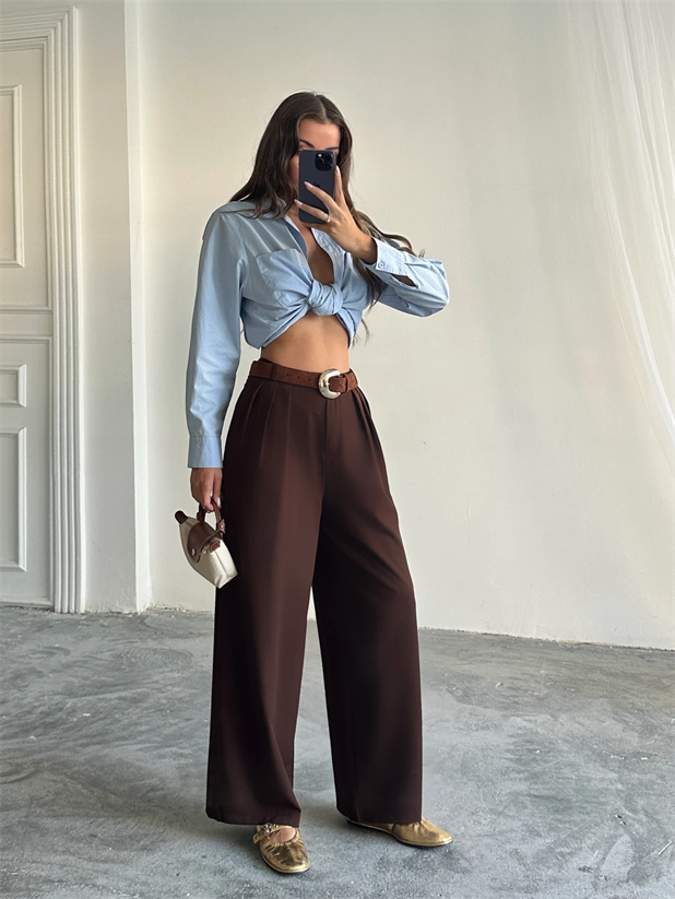 Üç Pile Palazzo Pantolon - Kahve