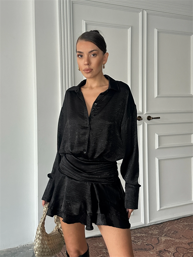 Eteği Volanlı Saten Elbise - Siyah