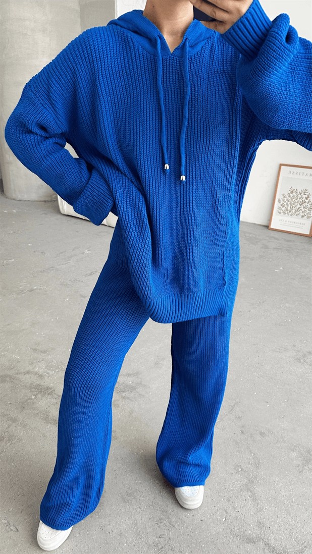 Kapüşonlu Örme Triko Takım Saks Mavi - Saks Mavi