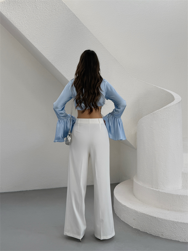 Çift Pileli Palazzo Pantolon - Beyaz