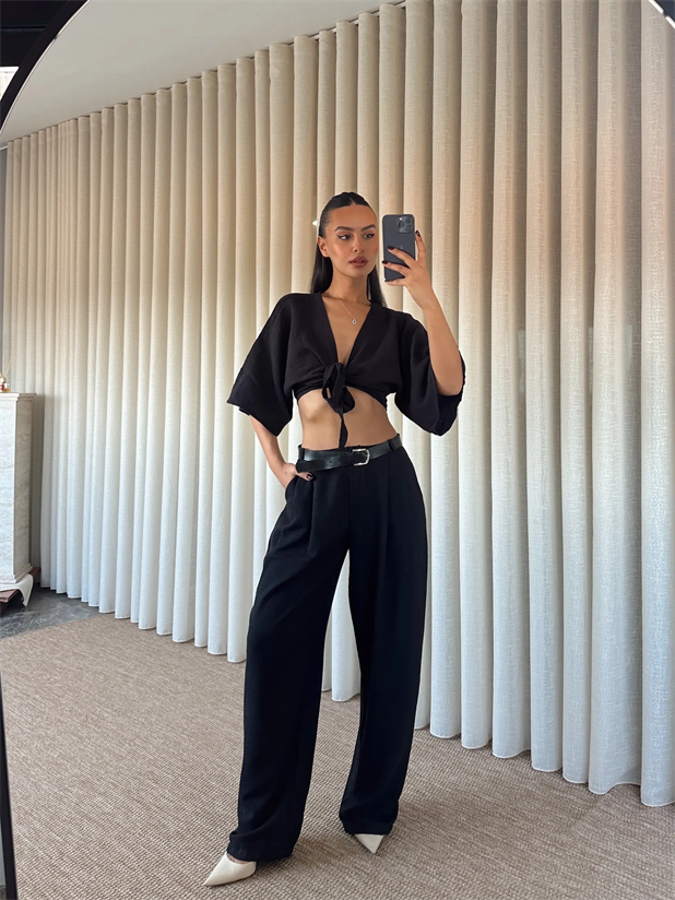  Kemerli Keten Pantolon - Siyah