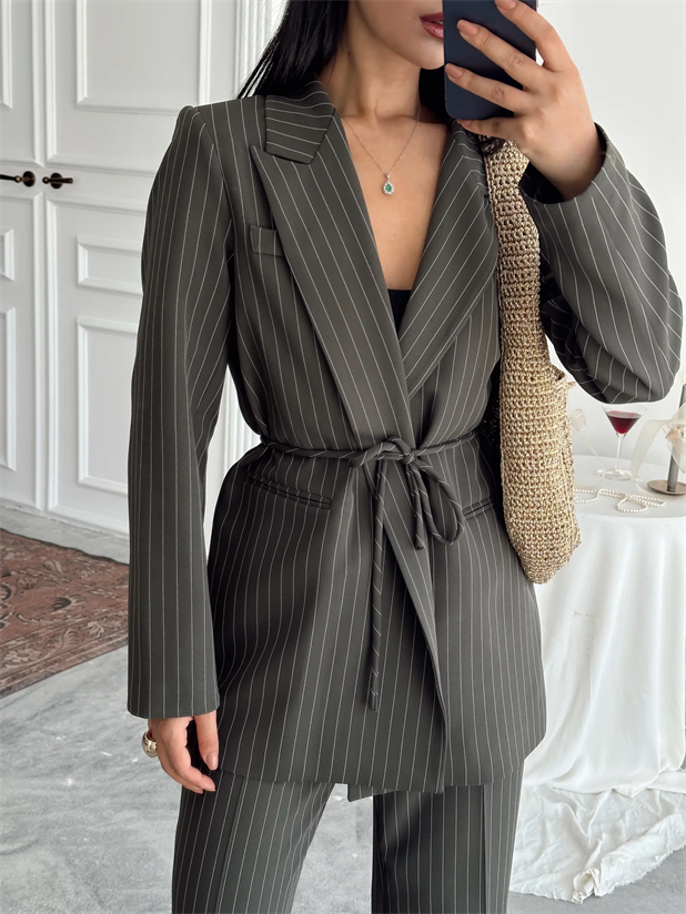 Bel Bağlama Line Blazer Ceket - Haki Yeşil