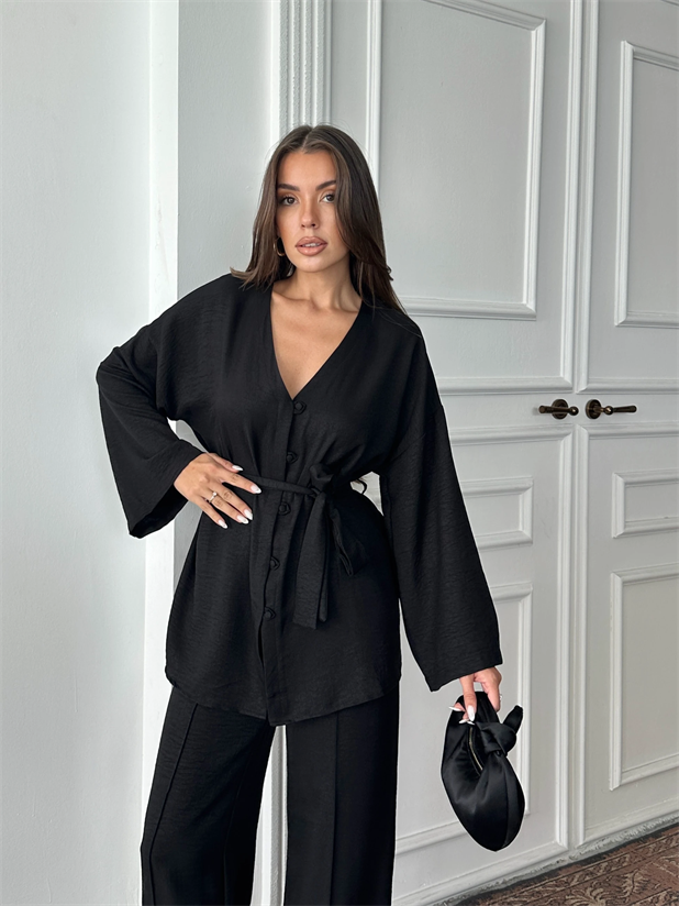 Düğme Detay Kuşaklı Kimono Takım - Siyah