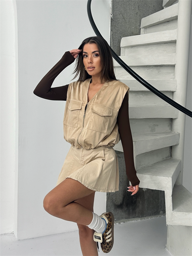 Cep Detay Nubuk Yelek - Taş