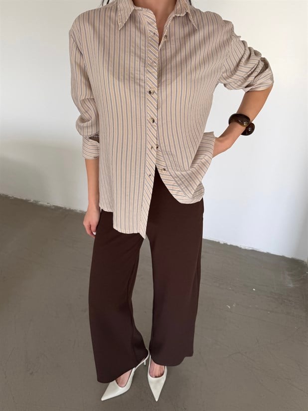 Çizgili Kol Manşet Detaylı Gömlek - Bej