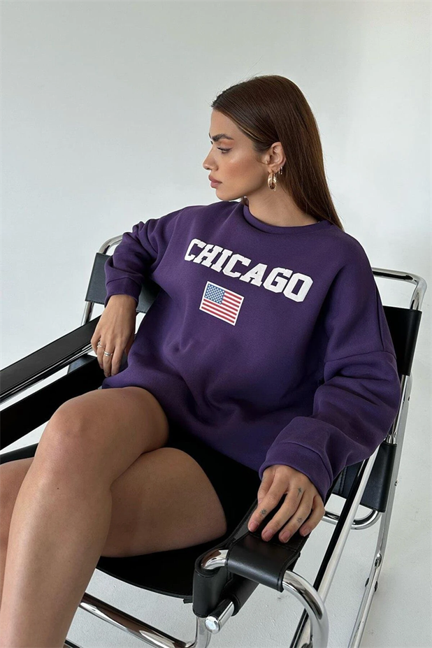 State Baskı Üç İplik Şardonlu Sweat Mor - Mor