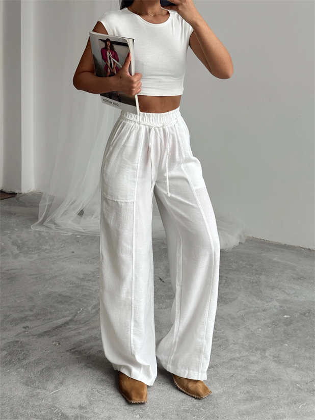 Belina Keten Bel Detay Pantolon Beyaz - Beyaz