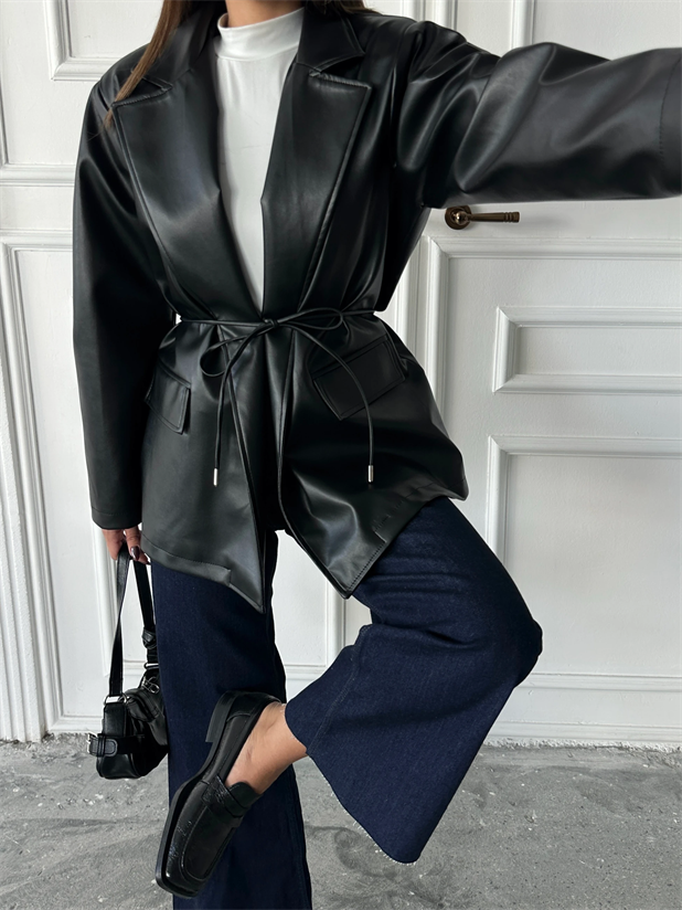Belden Bağlamalı Deri Ceket - Siyah