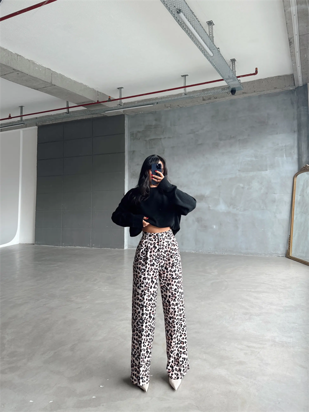 Animal Desen Palazzo Pantolon - Leopar