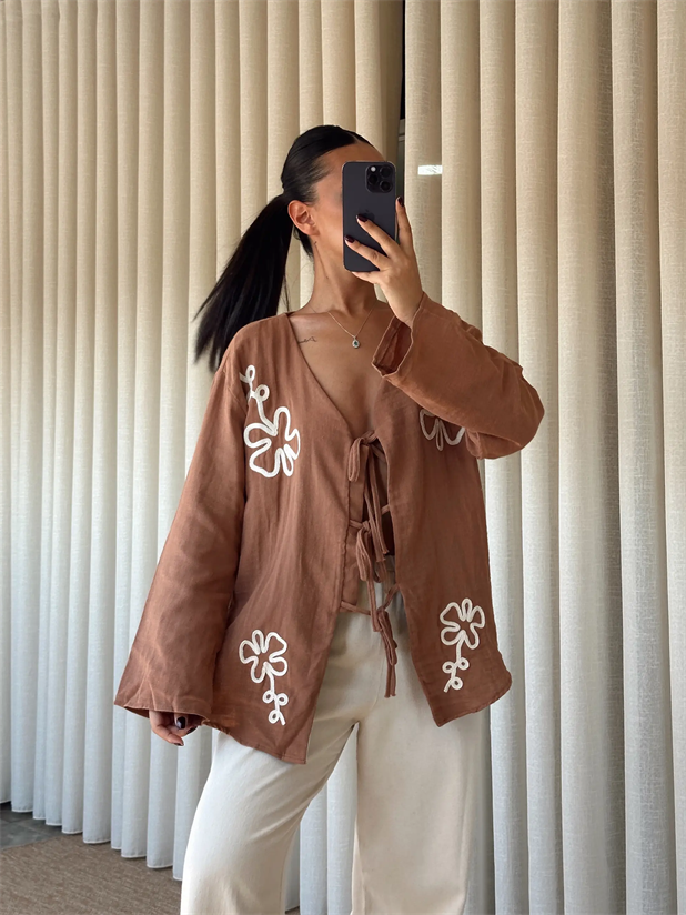 Nakışlı Kimono Takım  - Kahve